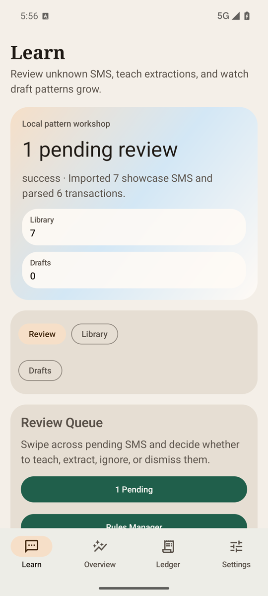 Learn screen with pending review count