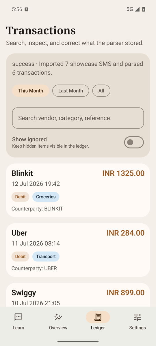 Transactions screen with searchable ledger entries