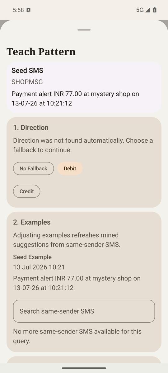 Teach Pattern screen for an unmatched SMS