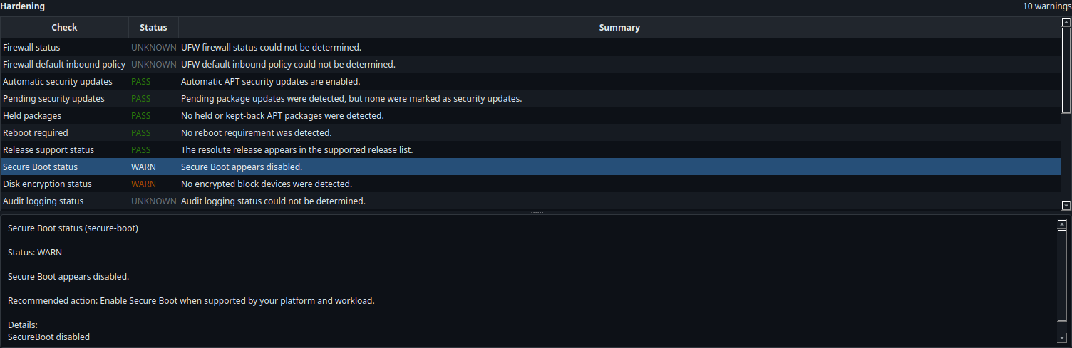 CVEChecker hardening pane showing posture checks and selected details