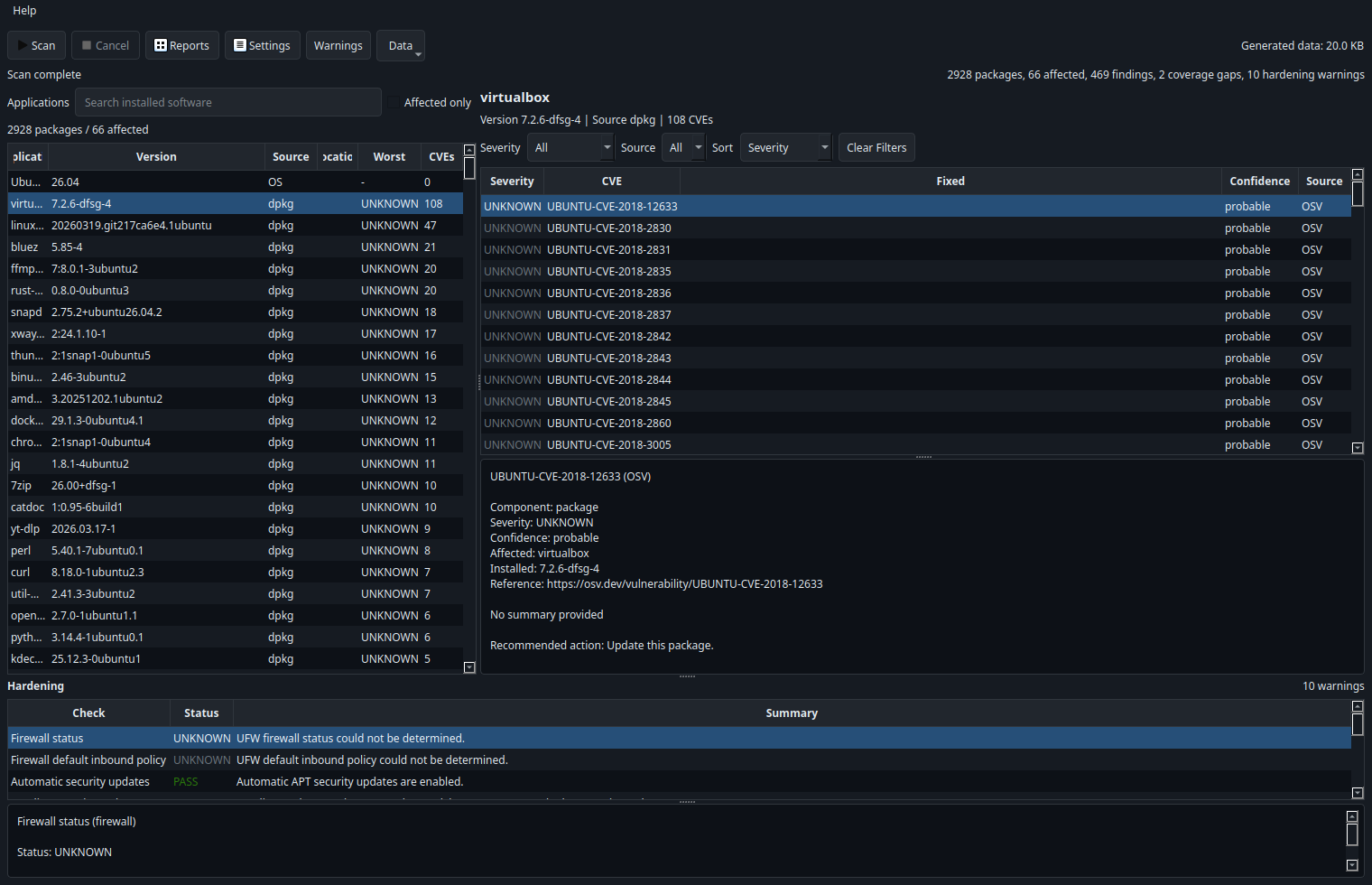 CVEChecker main window showing application inventory, findings, filters, and detailed CVE context