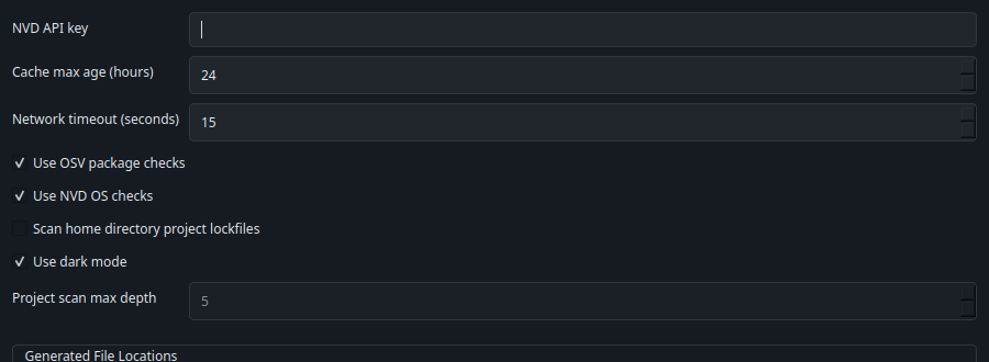 CVEChecker settings dialog showing API key, cache, timeout, source toggles, project scan options, and dark mode