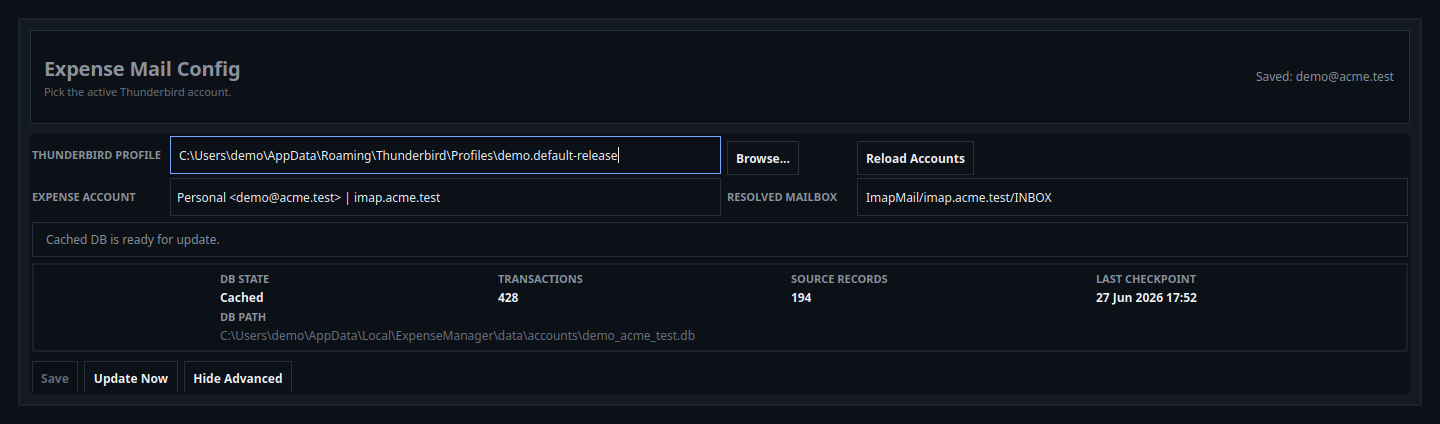 Expense Manager Thunderbird account configuration