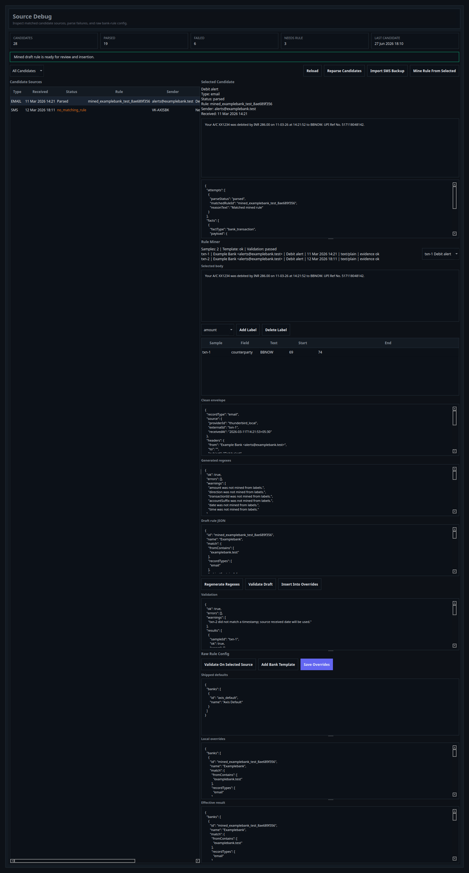 Expense Manager source debug and rule miner