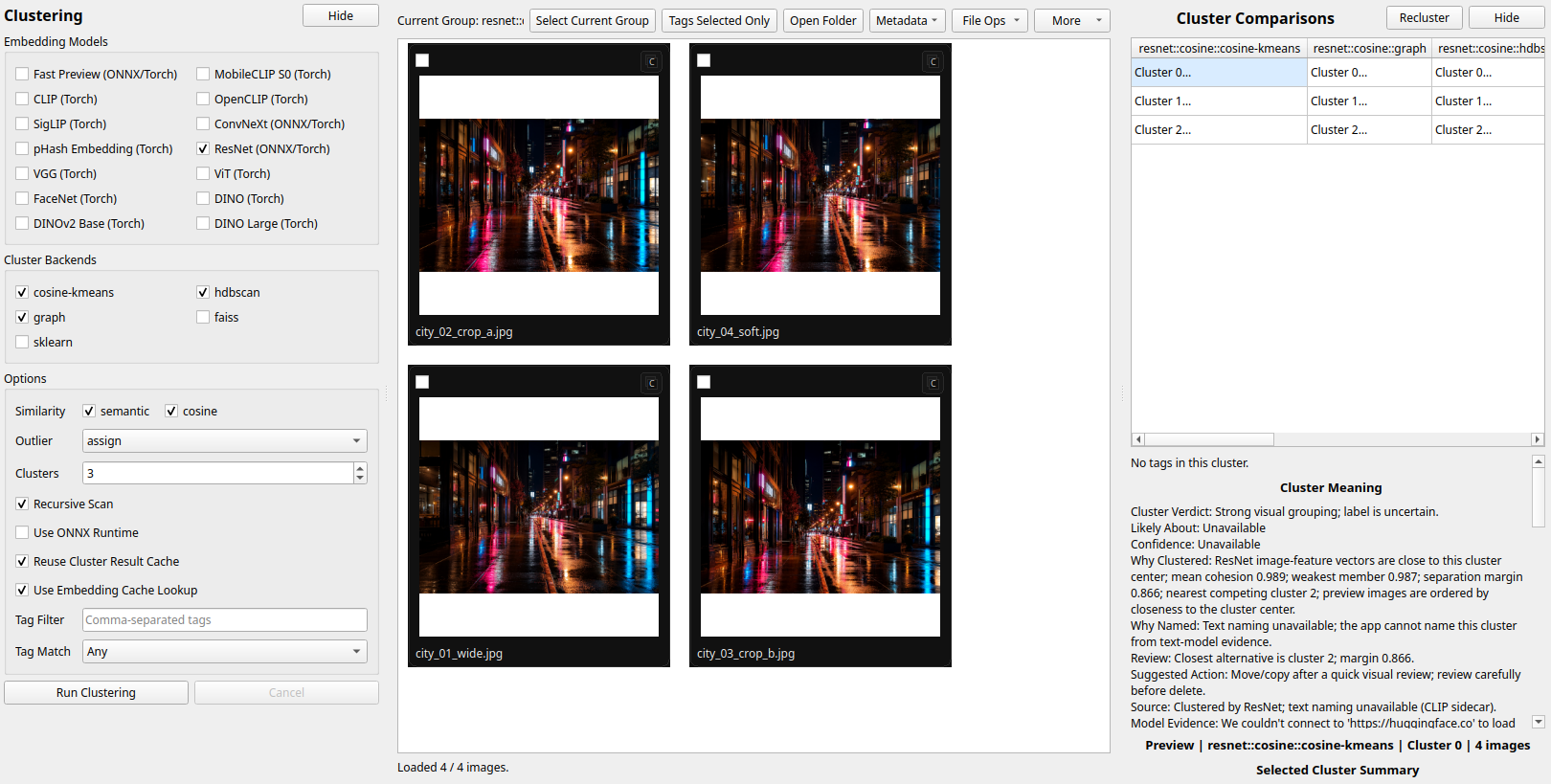 ClusterLens Clustering page showing advanced model and backend controls, populated image gallery, and cluster comparisons.