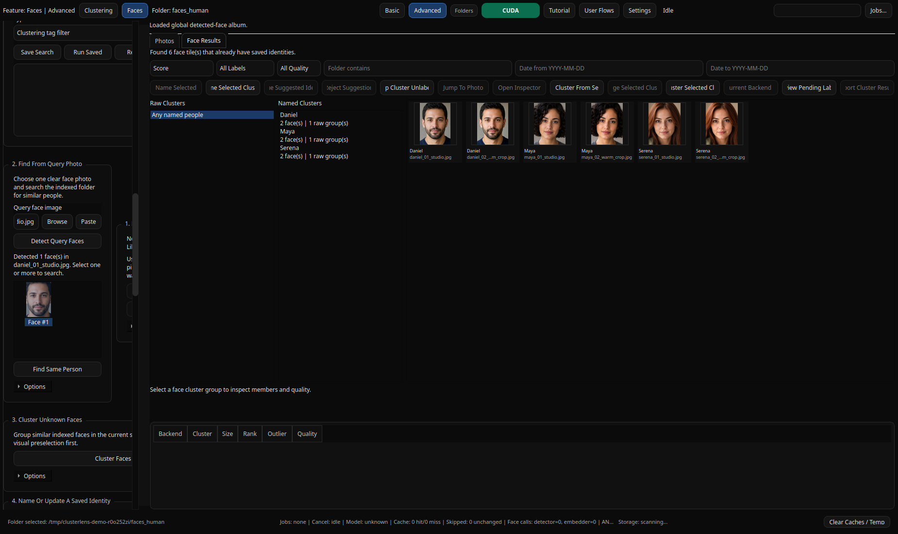 ClusterLens face search page showing query-photo search controls, named-people review results, and folder-scoped face actions.