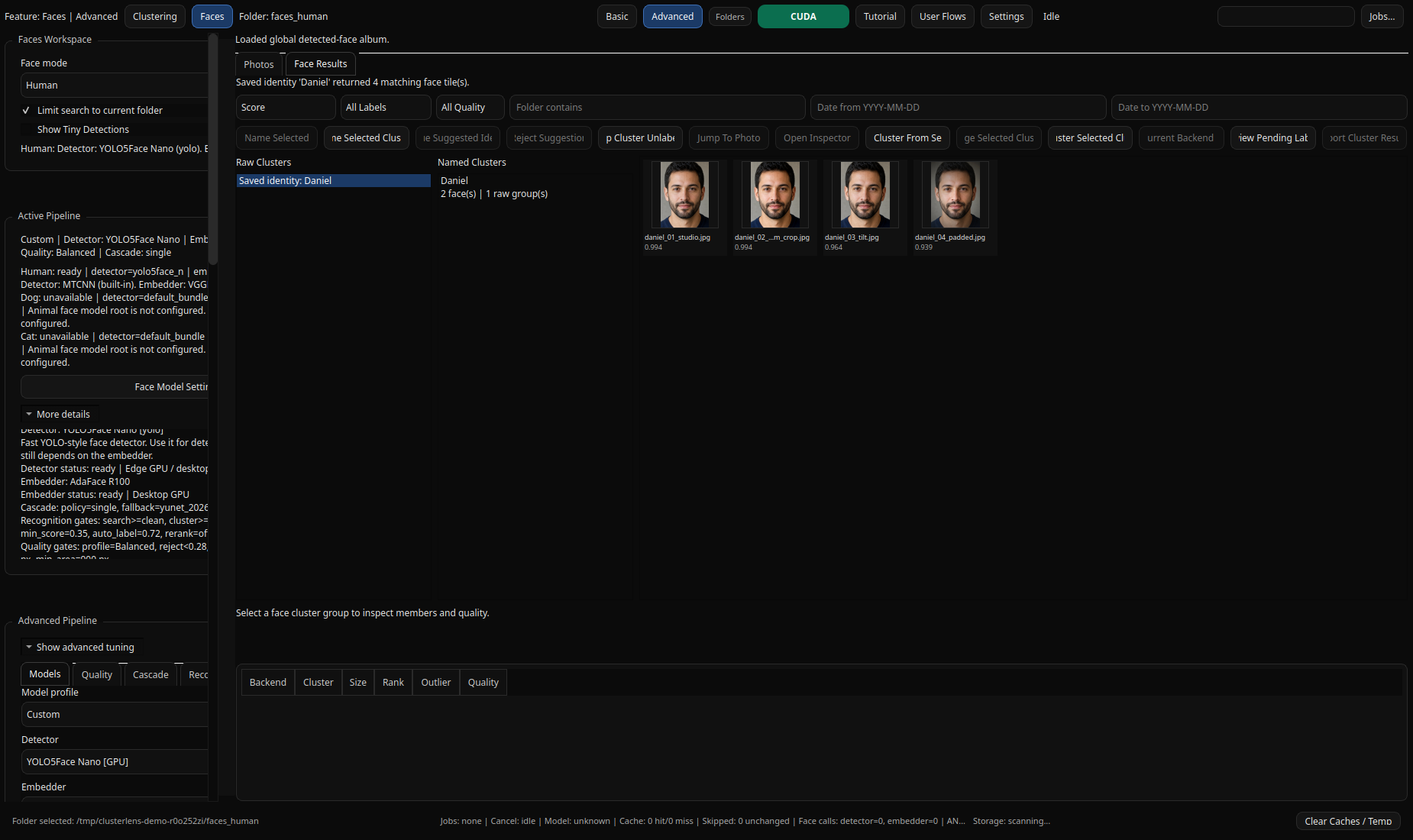ClusterLens face search workflow showing a saved identity search, raw cluster groups, named clusters, and scored face matches.