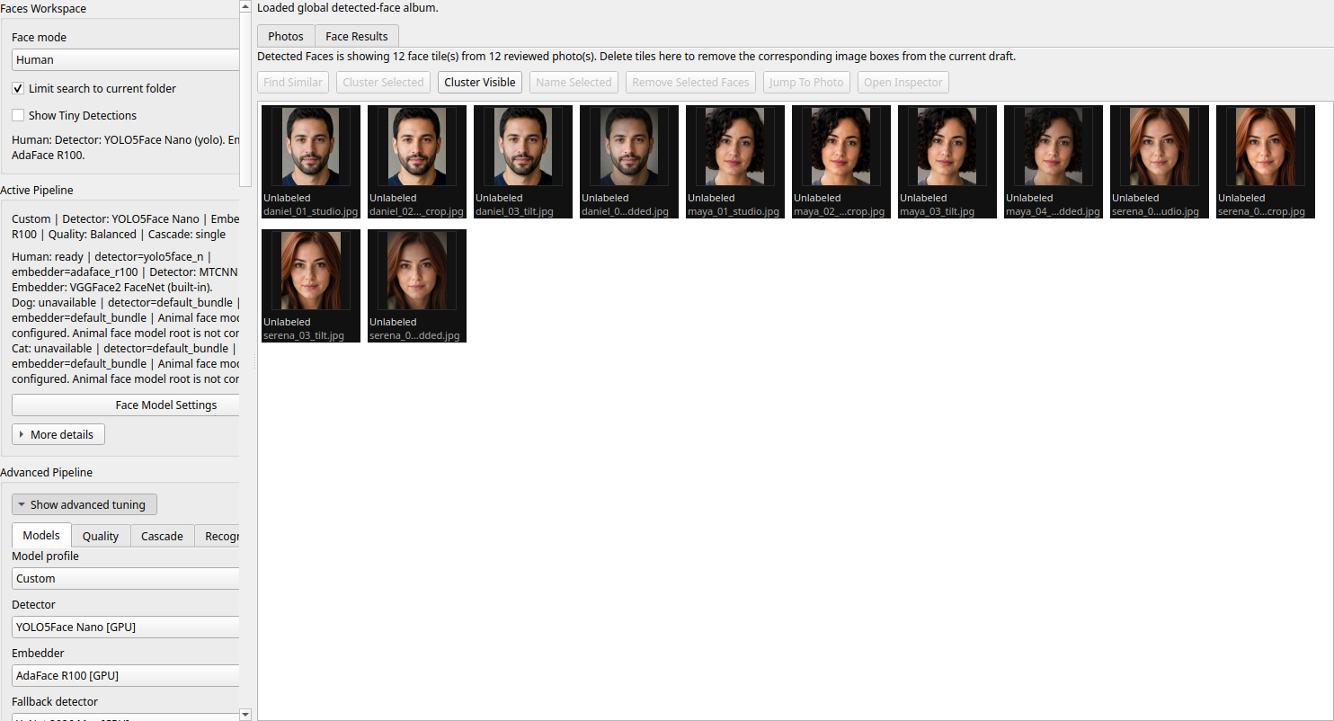 ClusterLens Faces Detected Faces page showing populated face tiles and action buttons for search, clustering, naming, and inspection.