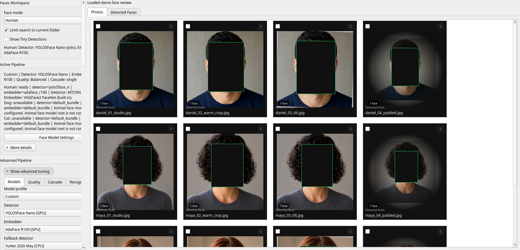 ClusterLens Faces Photos page showing whole-photo review with detected face boxes on the generated portrait demo set.