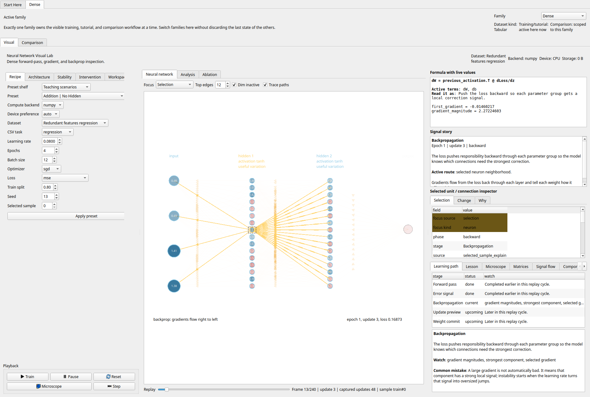 The Neural Network Desktop Tutor showing a medium dense network during backpropagation.