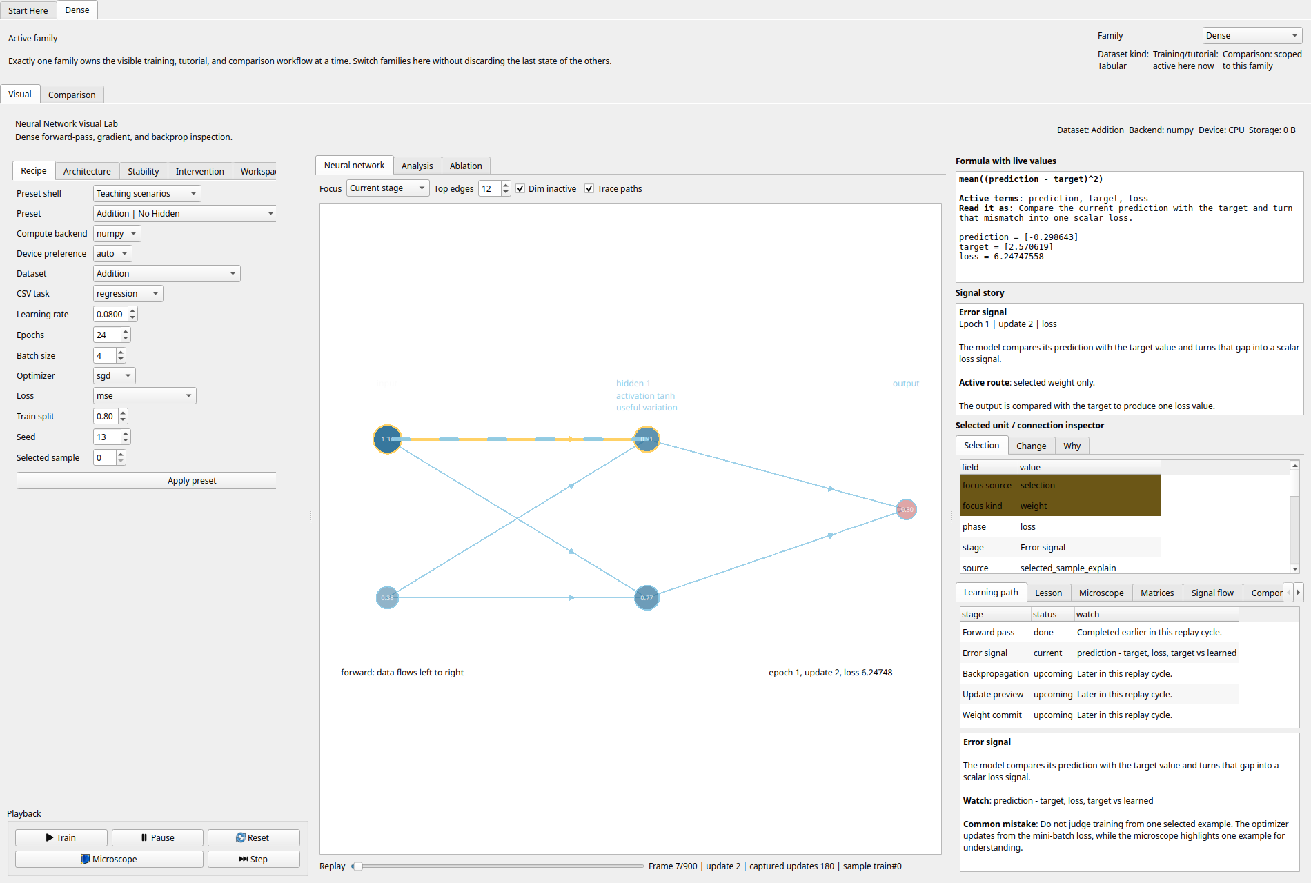 Microscope preset screenshot showing a compact dense network with a selected tracked weight.