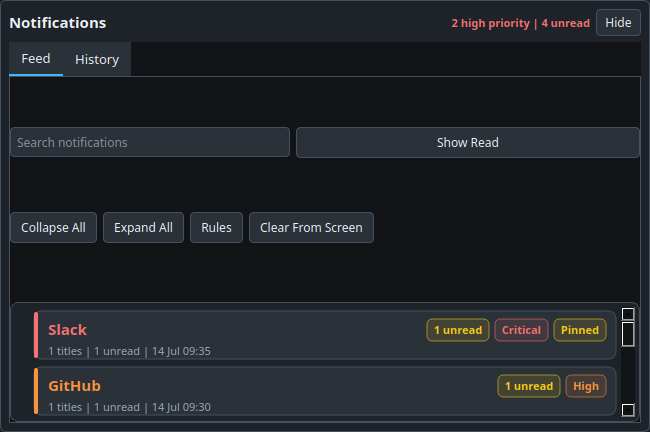 Vertical Dashboard notifications feed