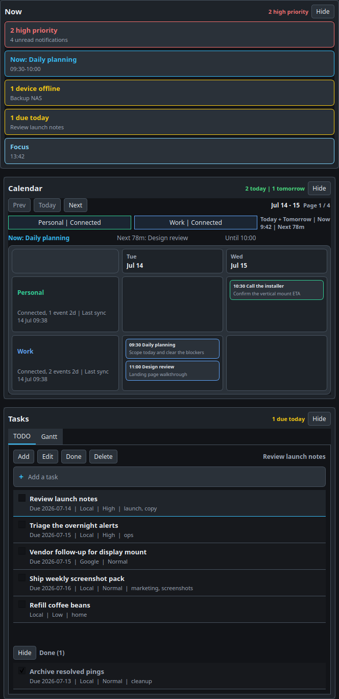 Vertical Dashboard showing the Now, Calendar, and Tasks sections